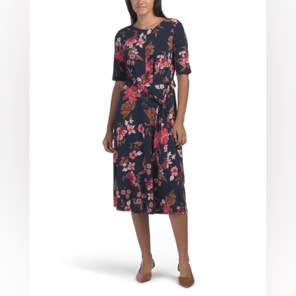 London Times Dresses & Skirts - NWT-London Times Navy/Red Floral Elbow Sleeve Side Tie Fit & Flare Midi Dress-14